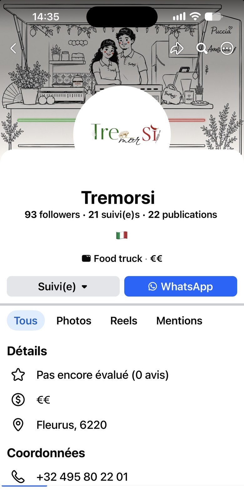 La page Facebook de Tre Mor Si affichée sur un téléphone